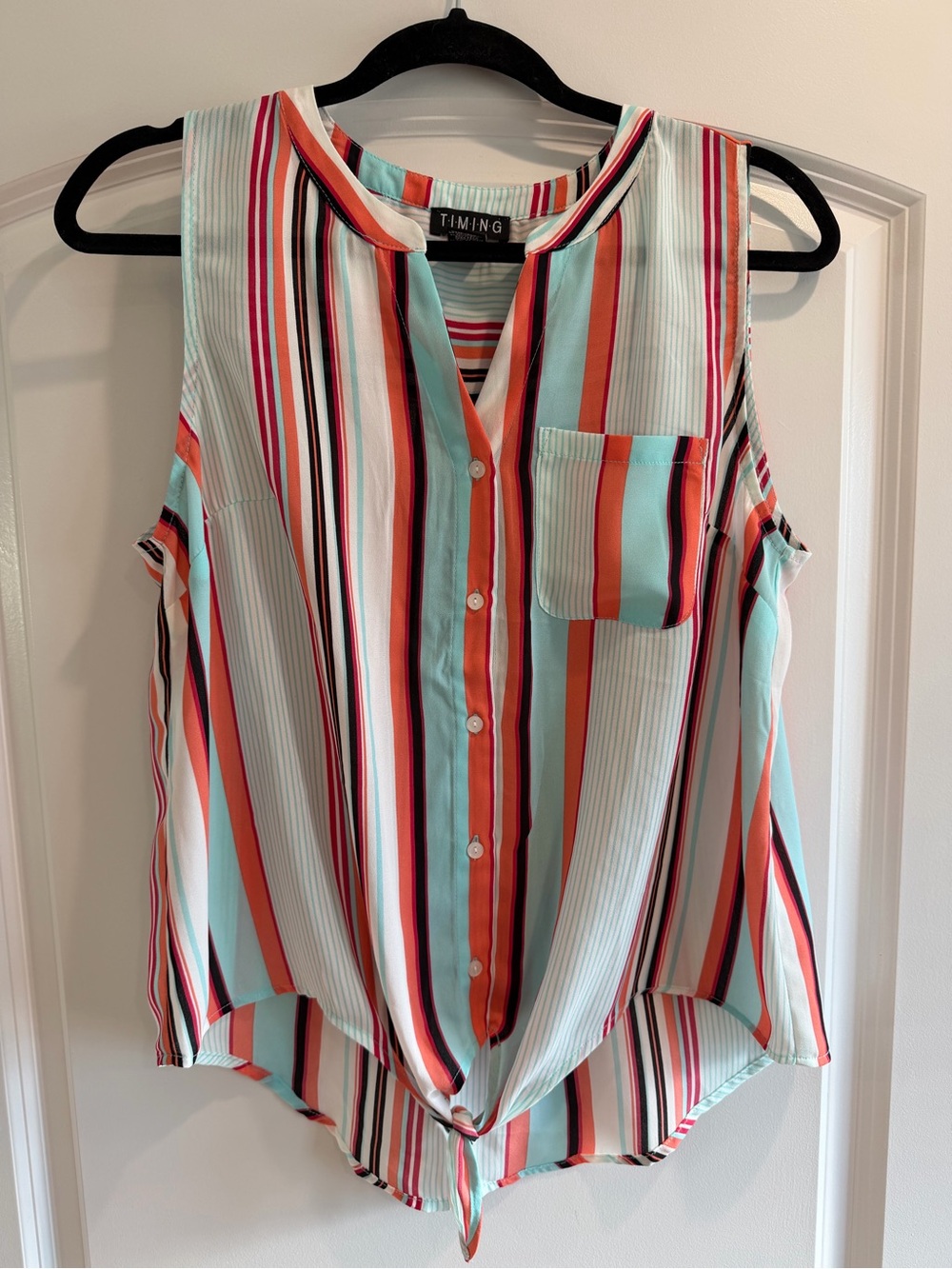 Women's Timing Striped Sleeveless Button Down Shirt, Size M, White Multi